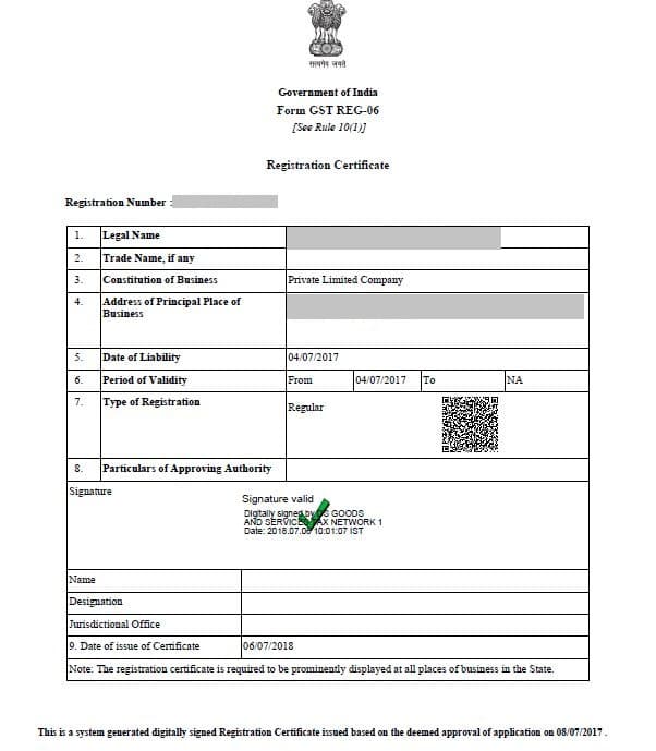 Sample GST Registration Certificate issued by GSTN