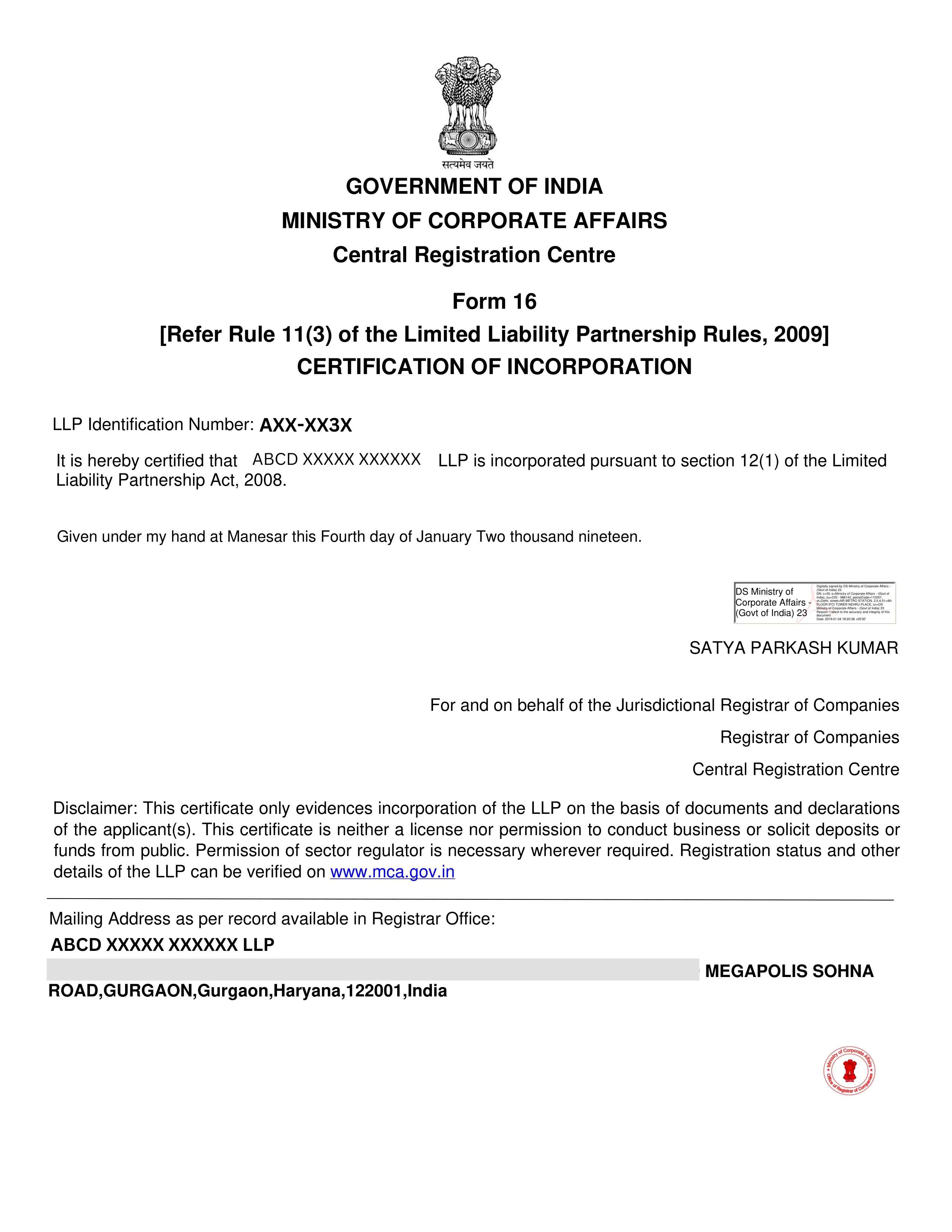Sample LLP Certificate of Incorporation issued by MCA