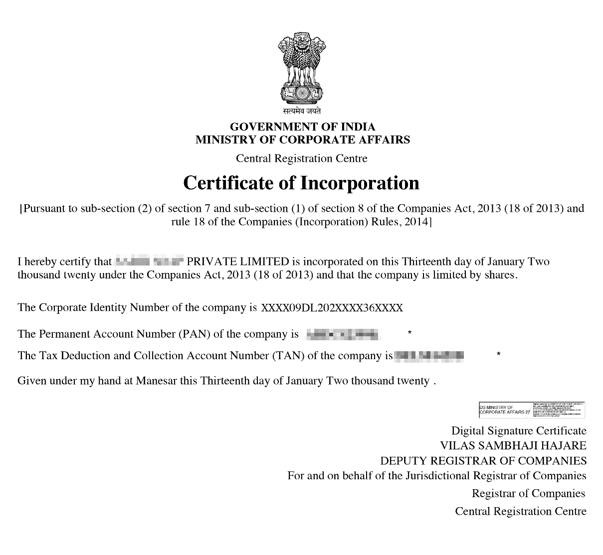 Sample Private Limited Company Certificate of Incorporation issued by MCA