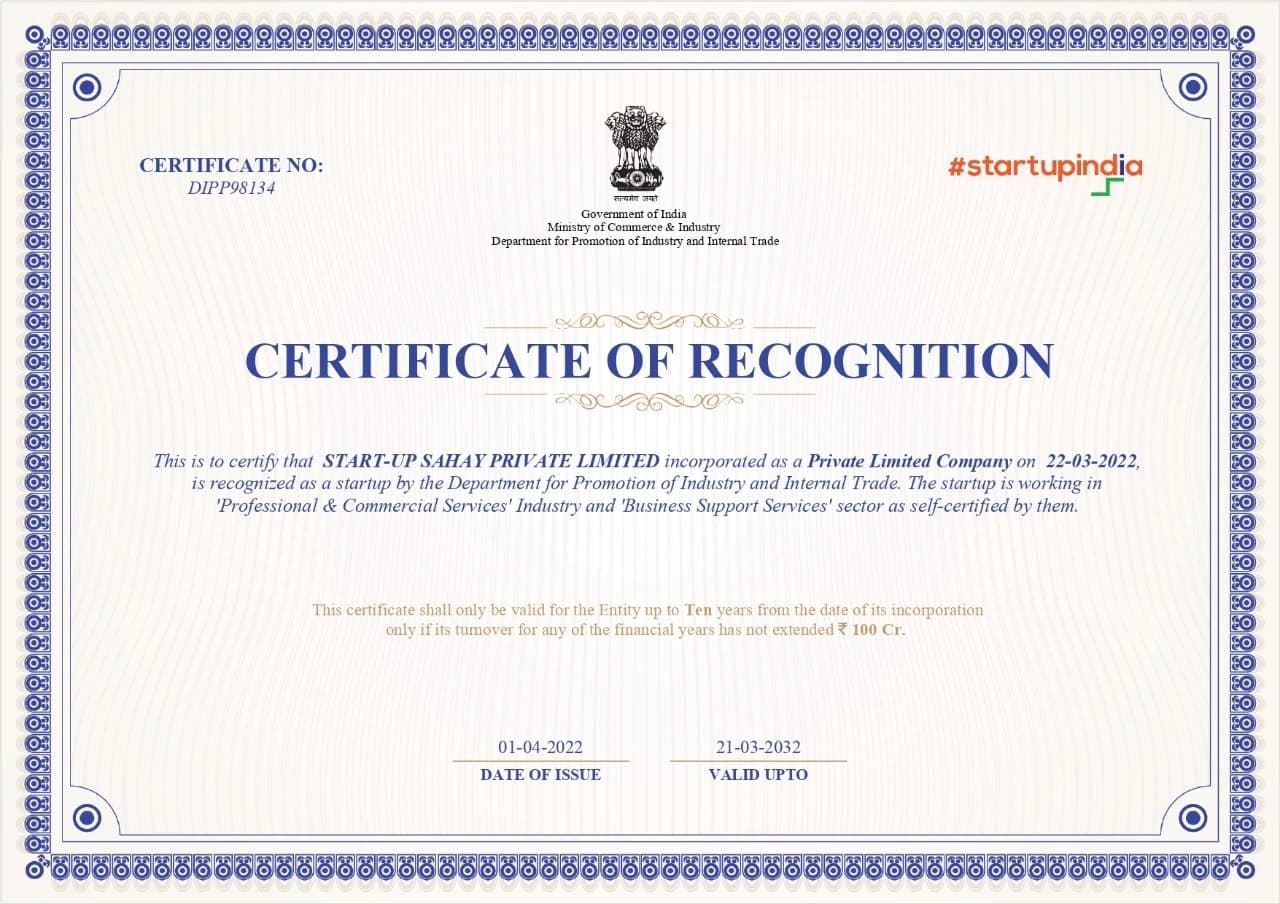 Sample Startup India DPIIT Recognition Certificate